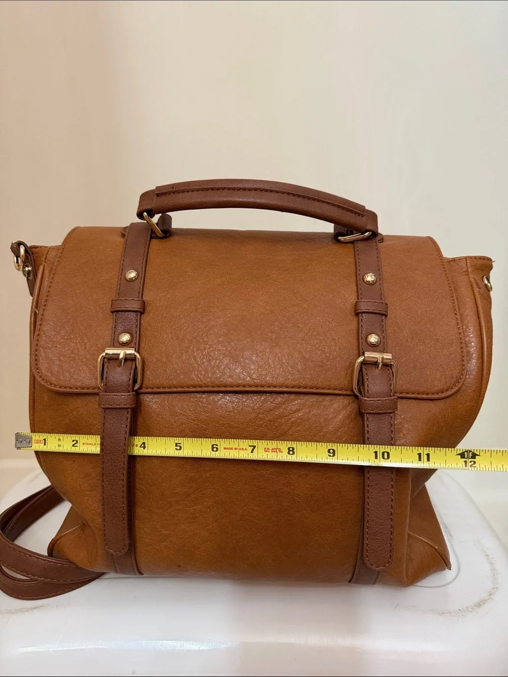 Classic Tan Faux Leather Satchel Handbag